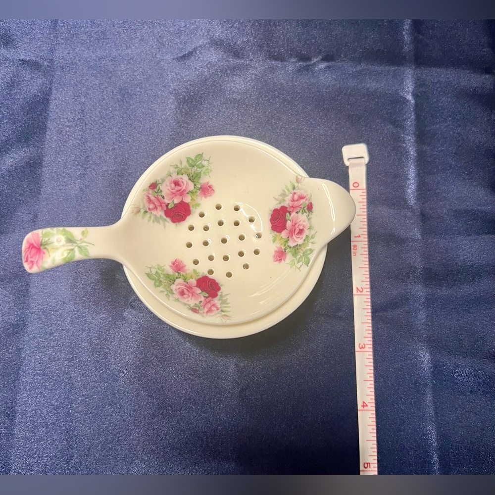 Vtg Allyn Nelson Collection Fine Bone China Floral Tea Bag Strainer & Drip Bowl